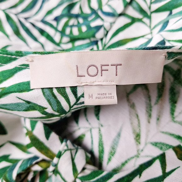 Loft Medium Green White Palm Linen-blend Tie-back Romper Pockets Tropical - Picture 11 of 15
